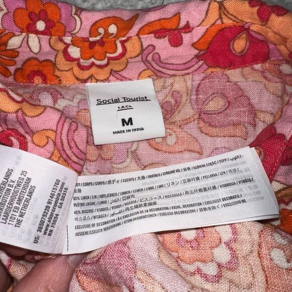 Social Tourist Groovy Retro Floral Pattern Pink Orange Collared Button Shirt Med - Picture 7 of 13